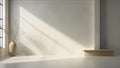 Sunlight from the window casts a shadow on a light wall.Empty simple background for presentation with wall and podium. Interior of Royalty Free Stock Photo