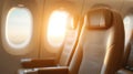 Sunlit airplane seats in an empty cabin with warm ambient lighting, AI Generative Royalty Free Stock Photo