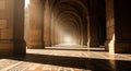 Sunlit Ancient Stone Archway Corridor with Ornate Tiled Floor and Dramatic Shadows architecture Royalty Free Stock Photo