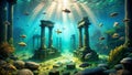 Sunlit aquatic ruins ancient pillars and vibrant fish in a submerged world. Generative AI