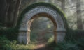 Sunlit Archway with Forgotten Path Text in Verdant Forest Setting and Mossy Stone Texture with Sunlight Through Trees a Journey Royalty Free Stock Photo