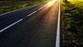 A sunlit asphalt road with white markings, flanked by green grass Royalty Free Stock Photo