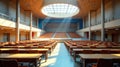 Sunlit auditorium with rows of empty desks and a stage. Generative AI Royalty Free Stock Photo