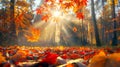 Sunlit Autumn Forest with Falling Maple Leaf, Generative AI Royalty Free Stock Photo