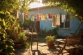 sunlit backyard with clothesline full of drying clothing Royalty Free Stock Photo