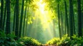 Sunlit bamboo forest path serene nature scene with lush greenery and tranquil atmosphere. Generative AI Royalty Free Stock Photo