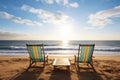 sunlit beach with two empty deck chairs facing the ocean Royalty Free Stock Photo