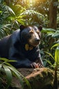 Majestic Sunlit Malayan Sun Bear Resting on Rock in Lush Jungle Royalty Free Stock Photo