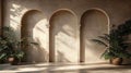 Sunlit Beige Room with Three Arches and Plants Royalty Free Stock Photo