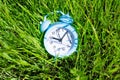 Sunlit blue alarm clock on bright green grass on sunlight. Concept