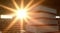 Sunlit books stack library knowledge education Royalty Free Stock Photo