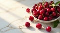 Sunlit bowl of cherries on a marble surface, fresh summer fruit delight. Generative AI Royalty Free Stock Photo