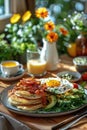 Sunlit breakfast setting with pancakes, bacon, eggs, and fresh juice Royalty Free Stock Photo