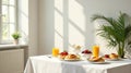 Sunlit breakfast table setting with pastries and fresh fruit. Generative AI Royalty Free Stock Photo