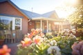 sunlit brick cape cod house with flowering garden in front Royalty Free Stock Photo
