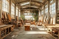 Sunlit carpentry workshop with wood and tools Royalty Free Stock Photo