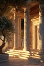 Sunlit classical colonnade with warm stone steps and long shadows Royalty Free Stock Photo