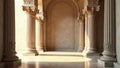 Sunlit classical columns in an elegant hallway with ornate detailing. Generative AI Royalty Free Stock Photo