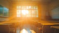 Sunlit Classroom: Golden Hour in an Empty Lecture Hall