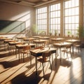 A sunlit classroom with rows of desks casts long shadows. Generative AI