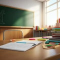 Sunlit classroom with a wooden desk, featuring open books, colorful sticky notes