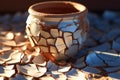 sunlit close-up of cracked clay pot during drying Royalty Free Stock Photo