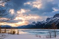 Sunrise Clouds Over Snowy Mountains And Lake Royalty Free Stock Photo