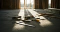 Sunlit Construction Site: Tools on a Dusty, Unfinished Floor Royalty Free Stock Photo