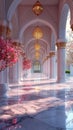 A Serene, Sunlit Corridor With Ornate Arches, Marble Floors, And Hanging Lanterns. Pink Blossoms Add A Touch Of Spring Royalty Free Stock Photo