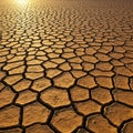 Sunlit cracked mud forms a repeating pattern of hexagonal shapes, typical of a dry, Royalty Free Stock Photo