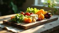 Sunlit culinary still life featuring fresh produce and cheese on rustic wooden board. Generative AI Royalty Free Stock Photo
