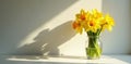 Sunlit daffodil bunch in simple vase dramatic shadow flowers shadow Royalty Free Stock Photo