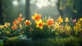 Sunlit Daffodils Blooming in a Spring Woodland Garden Royalty Free Stock Photo