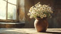 Sunlit Daisies and Lavender in Rustic Earthenware Pot Royalty Free Stock Photo