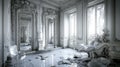 Sunlit, decaying rococo palace interior;  marble floor, overgrown Royalty Free Stock Photo