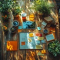 Sunlit desk with notes and brainstorming materials for creative planning. Royalty Free Stock Photo