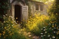 sunlit doorway amidst a wildflower garden