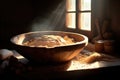 sunlit dough rising in a rustic wooden bowl Royalty Free Stock Photo