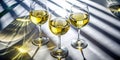 Sunlit Elegance White Wine Glasses Capture the Play of Light and Shadow on a Gourmet Table Setting Royalty Free Stock Photo