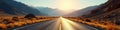Sunlit empty asphalt road cuts through rugged mountain range , rugged, destination, path