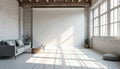 Sunlit empty loft interior with white brick walls. Large blank screen backdrop, modern grey sofa, wood beams, and large windows Royalty Free Stock Photo