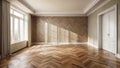 Sunlit empty room with herringbone wood floor and wall paneling, elegant interior design. Generative AI Royalty Free Stock Photo