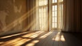 Sunlit empty room with wooden floors and soft curtains, creating a warm, serene, and inviting atmosphere
