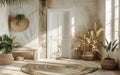 Sunlit Entryway With Wooden Shelf, Plants, and Woven Accents