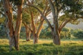 Sunlit Eucalyptus Trees in a Lush Green Meadow