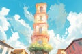 sunlit facade of an italianate tower, magazine style illustration