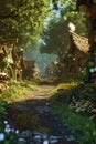 Sunlit fantasy village path, medieval architecture, enchanting forest, whimsical, storybook setting, nature Royalty Free Stock Photo