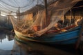 sunlit fishing nets draped over a weathered boat