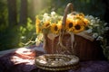 sunlit flower crown on a woven picnic basket outdoors Royalty Free Stock Photo