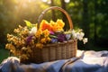 sunlit flower crown on a woven picnic basket outdoors Royalty Free Stock Photo